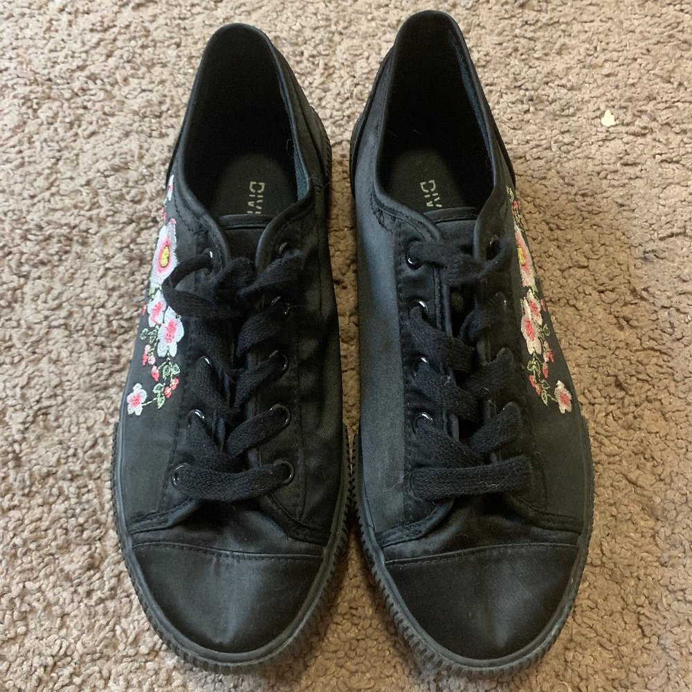 Satin Black Floral Shoes